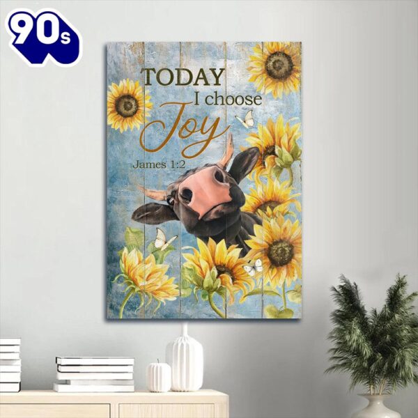 Today I Choose Joy James 1 2 Canvas Cow & Sunflower & Blue Sky Portrait Canvas