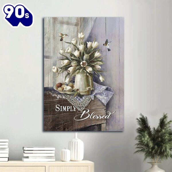 Tulip Vase Colorful Hummingbird Still Life Painting Simply Blessed Canvas Wall Art