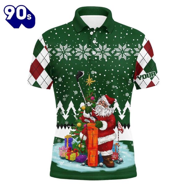 Ugly Christmas Green Argyle Pattern  Custom Mens Golf Polo Shirt Santa Golfer Christmas Gift  Gift Christmas