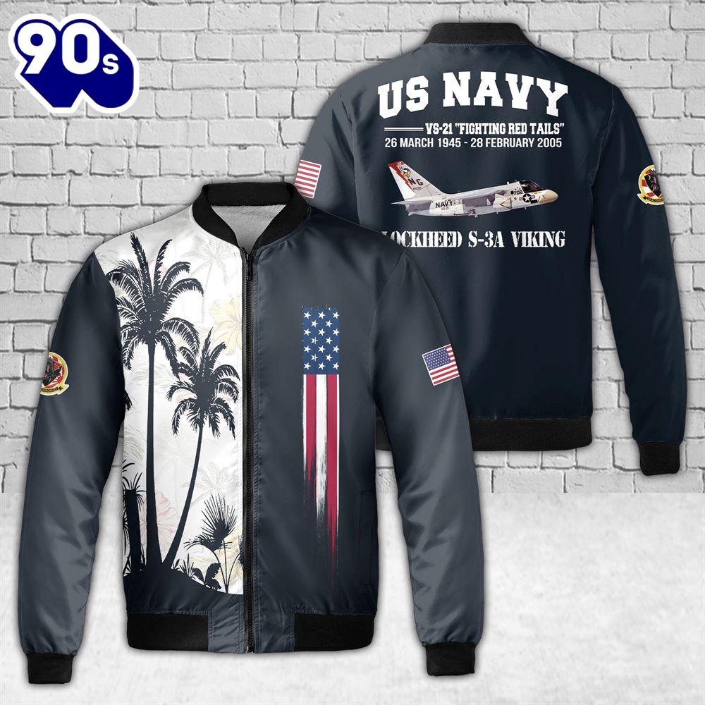 US Navy Lockheed S-3A Viking VS-21 Fighting Red Tails AOP Fleece Bomber Jacket US Navy Lockheed S-3A Viking VS-21 Fighting Red Tails AOP Fleece Bomber Jacket