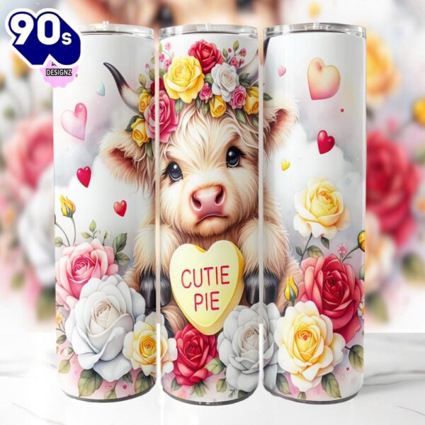 Valentines Day Highland Cow 20 Oz Skinny Tumbler, Highland Cow Tumbler, Valentine Tumbler