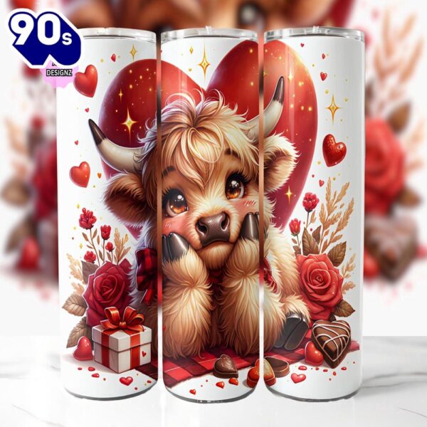 Valentines Highland Cow 20 Oz Skinny Tumbler, Highland Cow Tumbler, Valentine Tumbler