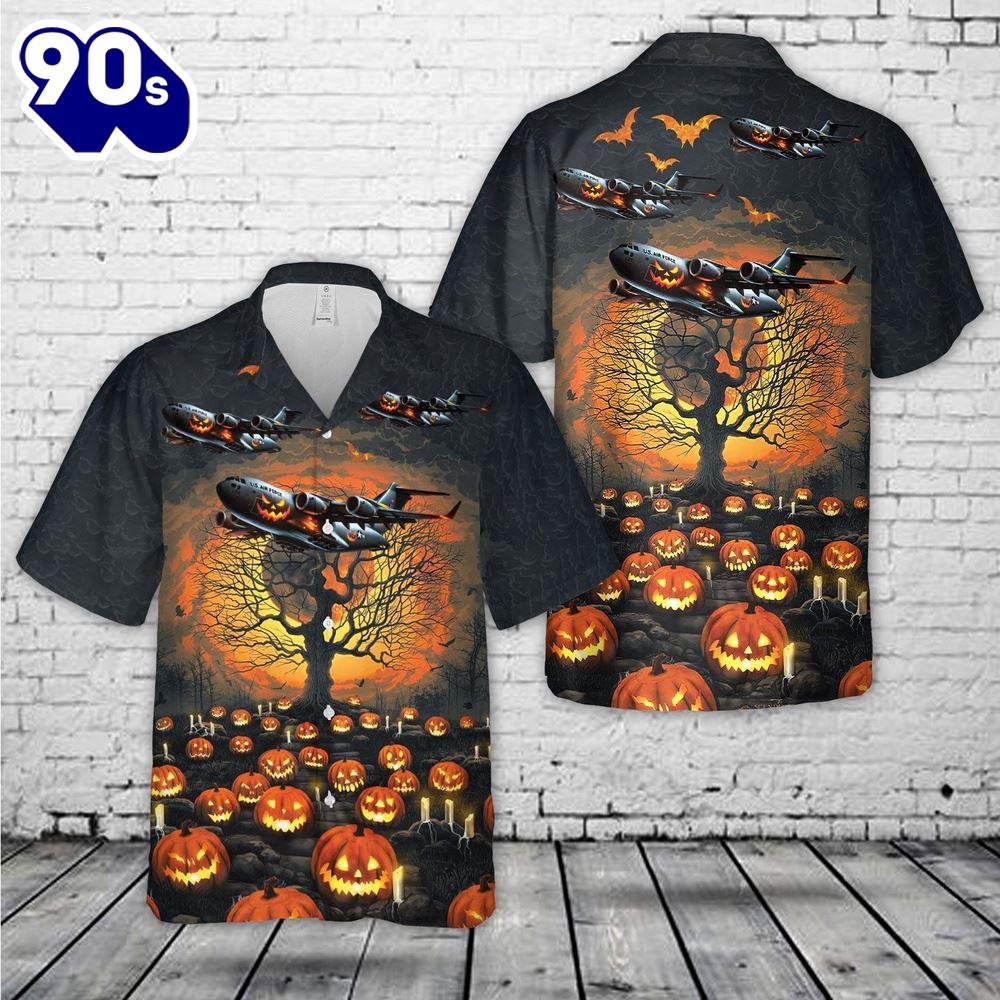 Veteran Halloween, Us Air Force Boeing C-17 Globemaster Iii Halloween Hawaiian Shirts For Man And Women Veteran Halloween, Us Air Force Boeing C-17 Globemaster Iii Halloween Hawaiian Shirts For Man And Women