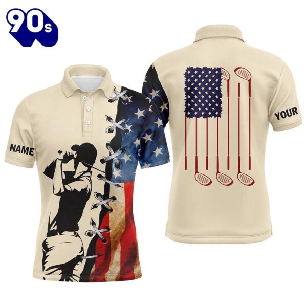 Vintage American Flag Mens Golf Polo Shirts Custom Name Golf Clubs Patriotic Team Mens   Gift Christmas