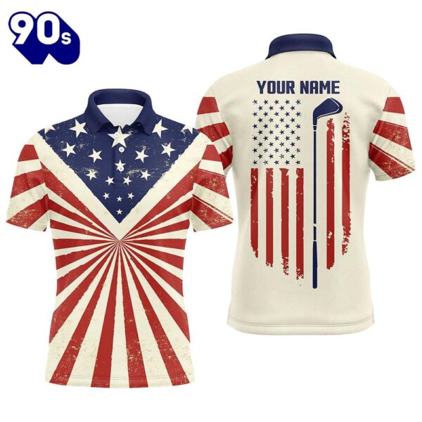 Vintage American Flag Patriotic Mens Golf Polo Shirt Custom Men’S Flag Polo Shirt Tournament Golf Gift  Gift Christmas