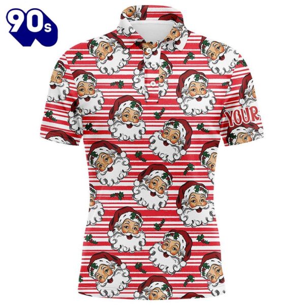 Vintage Cartoon Santa Claus With Holly Christmas Men Golf Polo Shirt Custom Cute Mens Golf Tops  Gift Christmas
