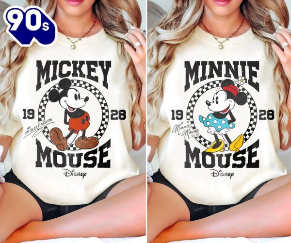 Vintage Checkered Mickey and Minnie 1928 Shirt Disney Couple T-shirt Birthday Gift Family Trip Tee