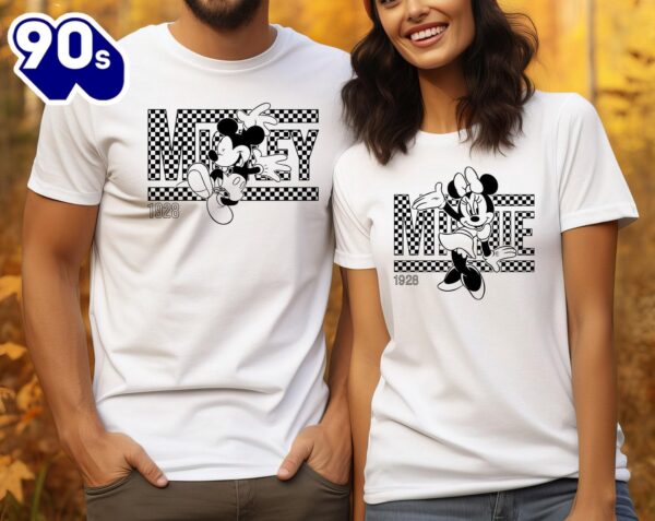 Vintage Disney Checkered Shirt Mickey & Minnie Mouse Couple Tee Retro Checkered Pattern