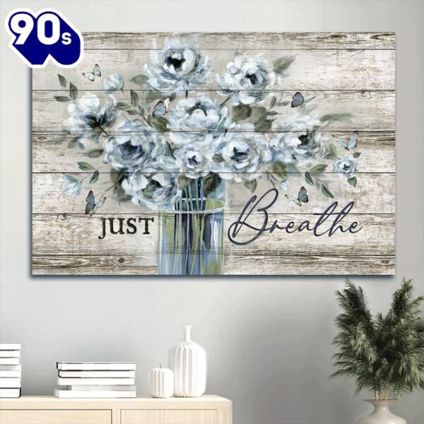 Vintage Flower Vase Blue Butterfly Just Breathe Canvas Wall Art