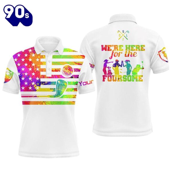 Watercolor American Flag Mens Golf Polo Shirts Custom Name We’Re Here For The Foursome Golf Gifts  Gift Christmas