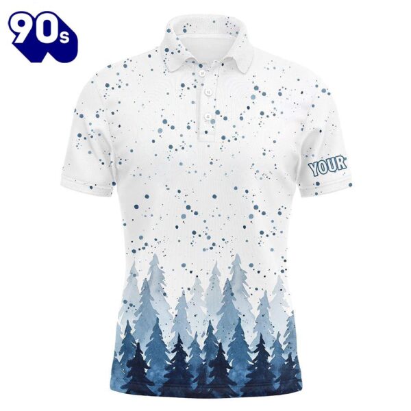 Watercolor Blue Christmas Trees & Snowfall Men Golf Polo Shirts Winter    Gift Christmas