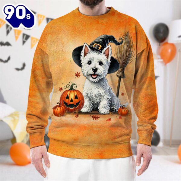 West Highland White Terrier Dog In Spooky Autumn Halloween 3D Shirt  For Man And Women