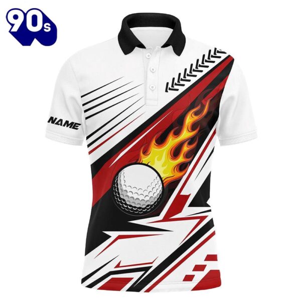 White Golf Ball Flame Mens Golf Polo Shirt Custom Golf Apparel   Gift Christmas
