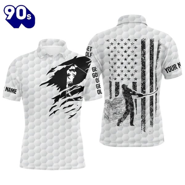 White Golf Polo Shirt Mens Custom Black American Flag Patriot Get Golf Or Get Out Funny Men Golf Wears  Gift Christmas