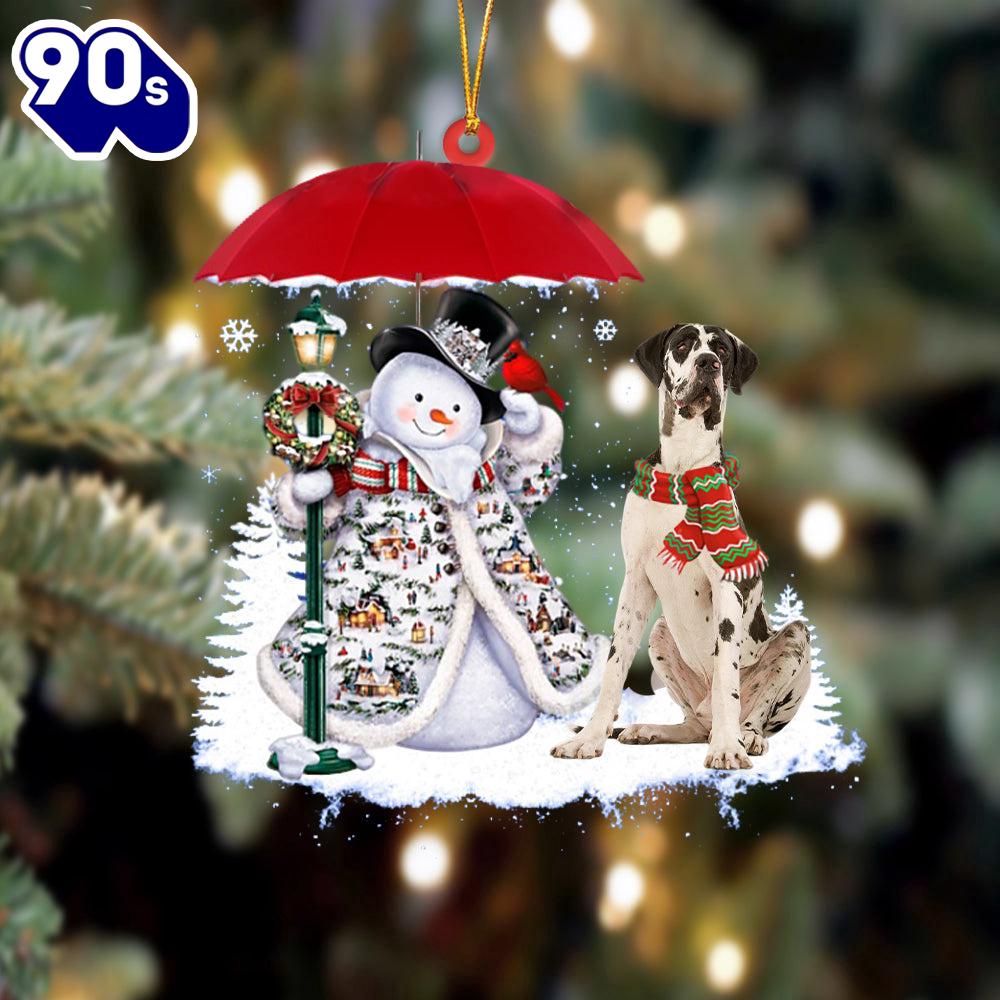 White Great Dane With Snowman Ornament, Gift For Christmas White Great Dane With Snowman Ornament, Gift For Christmas