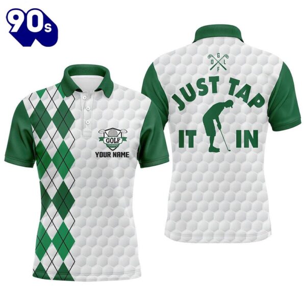 White  Mens Custom Name Just Tap It In Green Argyle Pattern Team Mens Polo   Gift Christmas