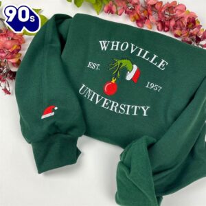 Whoville University Grinch Hand Santa Hat Embroidered Sweatshirt  Gift Xmas