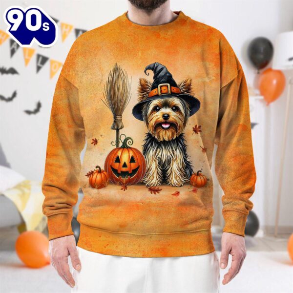 Yorkshire Terrier Dog In Spooky Autumn Halloween 3D Shirt  For Man And Women