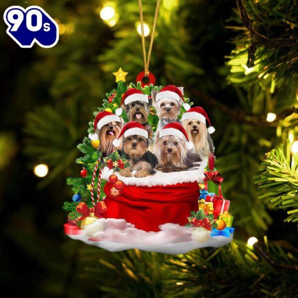 Yorkshire Terrier Dogs In A Gift Bag Christmas Ornament, Gift For Christmas