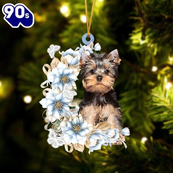 Yorkshire Terrier Flowers Moon Ornament, Gift For Christmas